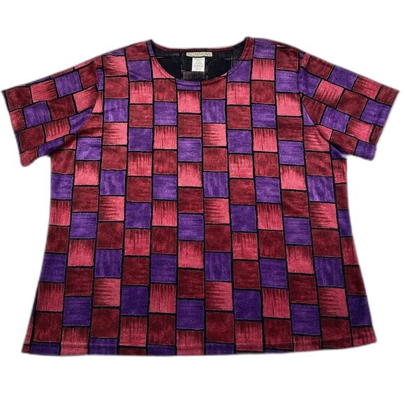 VTG 90's Notations Velvet Geometric Red Purple Womens XL Boxy Blouse Artsy Funky - Picture 1 of 11